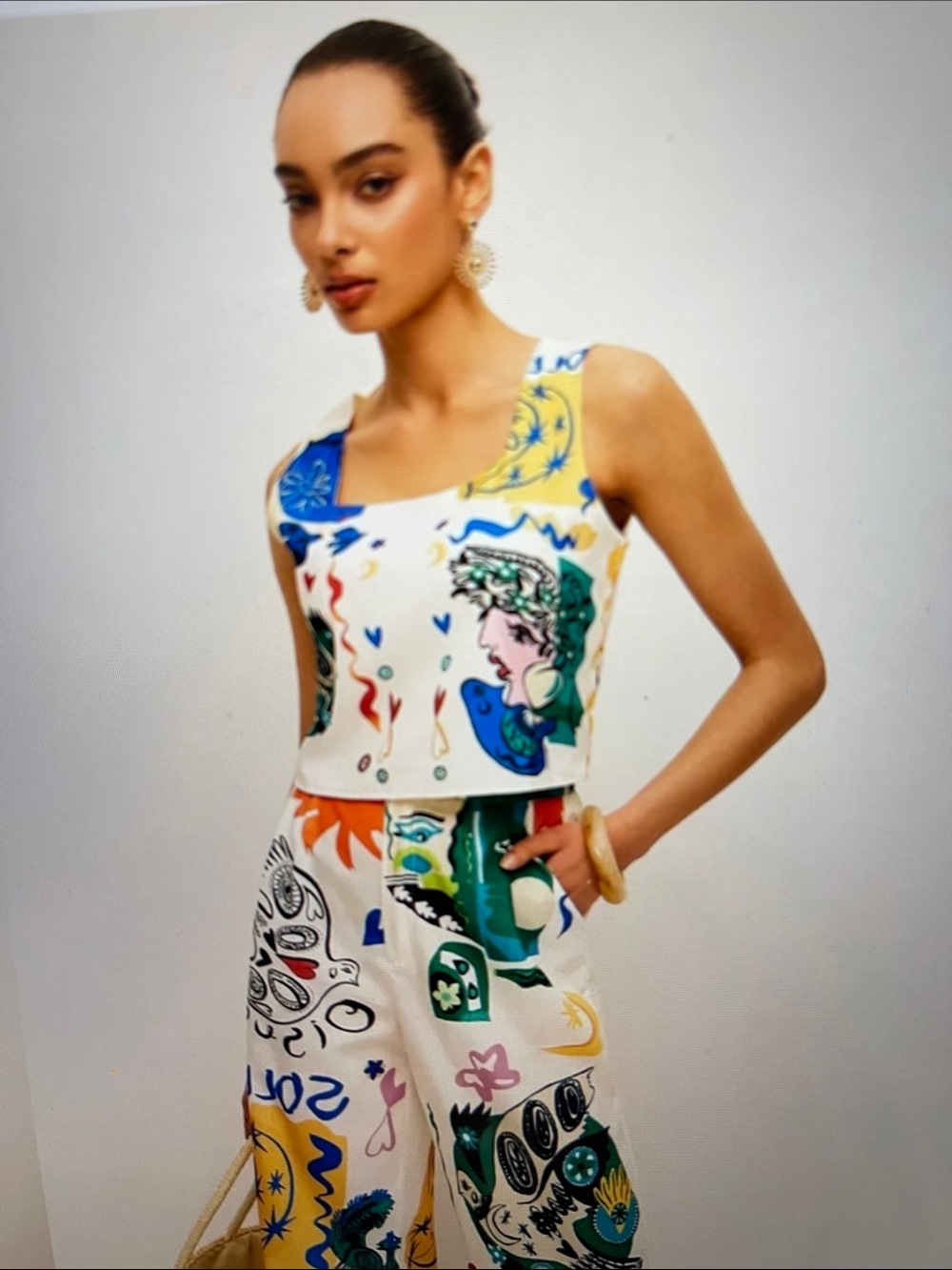 NWT Commense Two-Piece White Graphic Crop Top & Wide Leg Pants Set - Picture 4 of 16